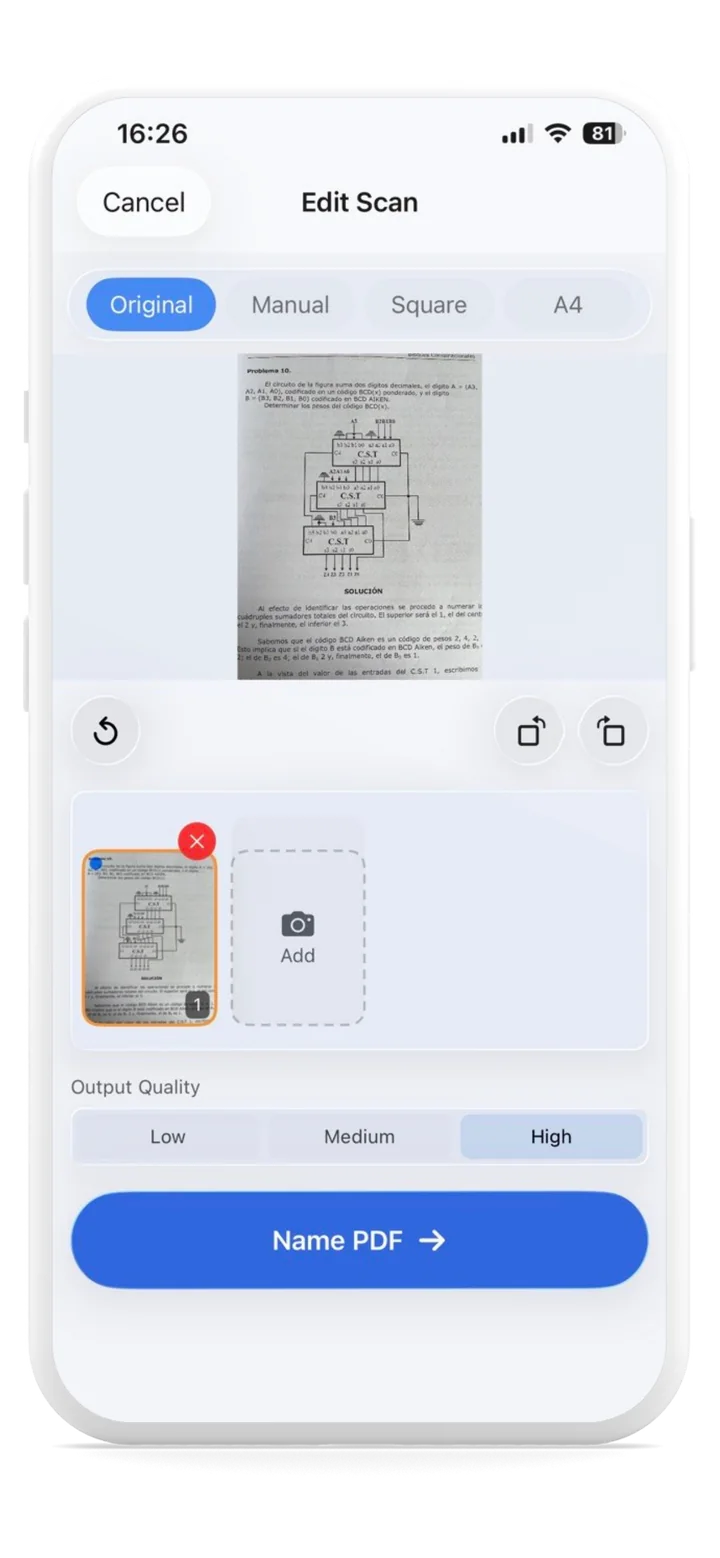 ScanlyGo Convert to PDF screen with file import options