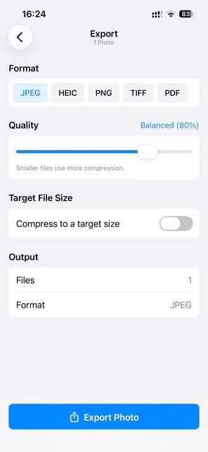 Export controls for format, quality, and target file size
