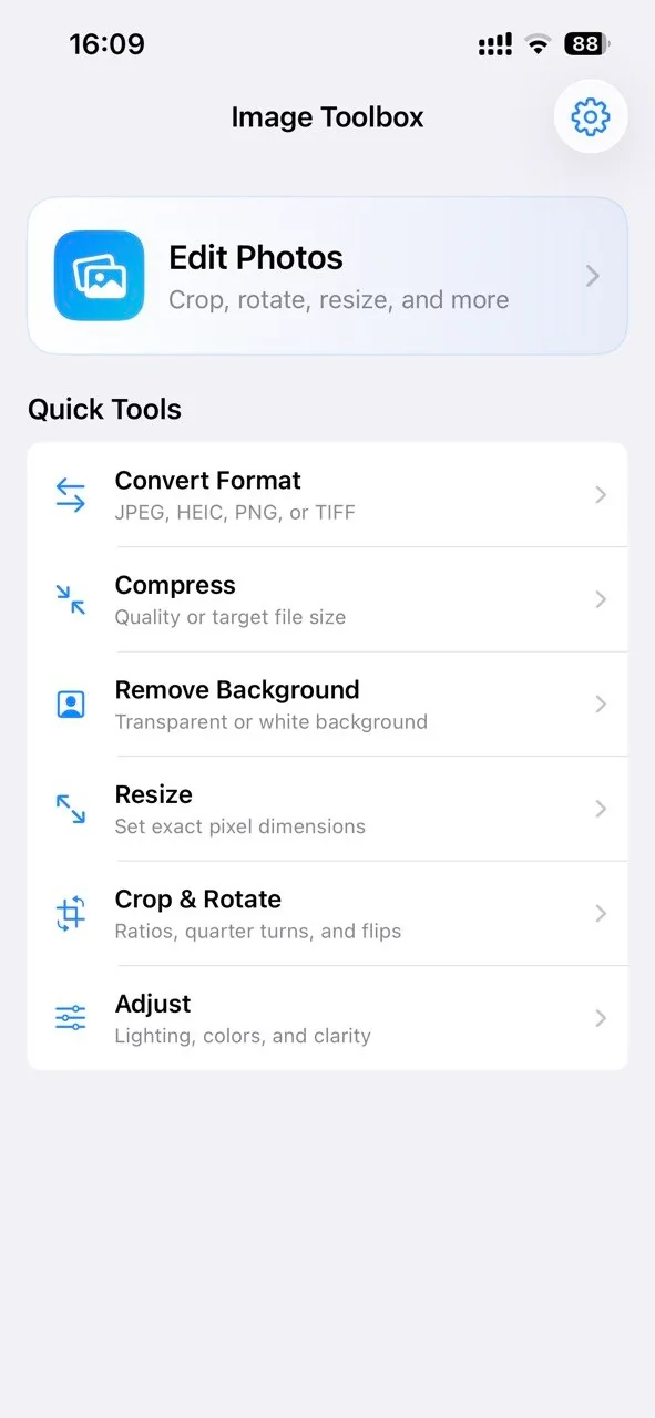 Image Converter toolbox with format, compression, background, resize, crop, and adjustment tools