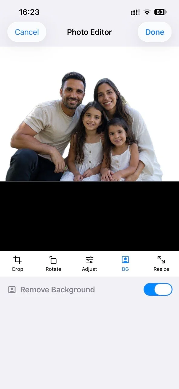 Background removal preview with a foreground family subject isolated on white
