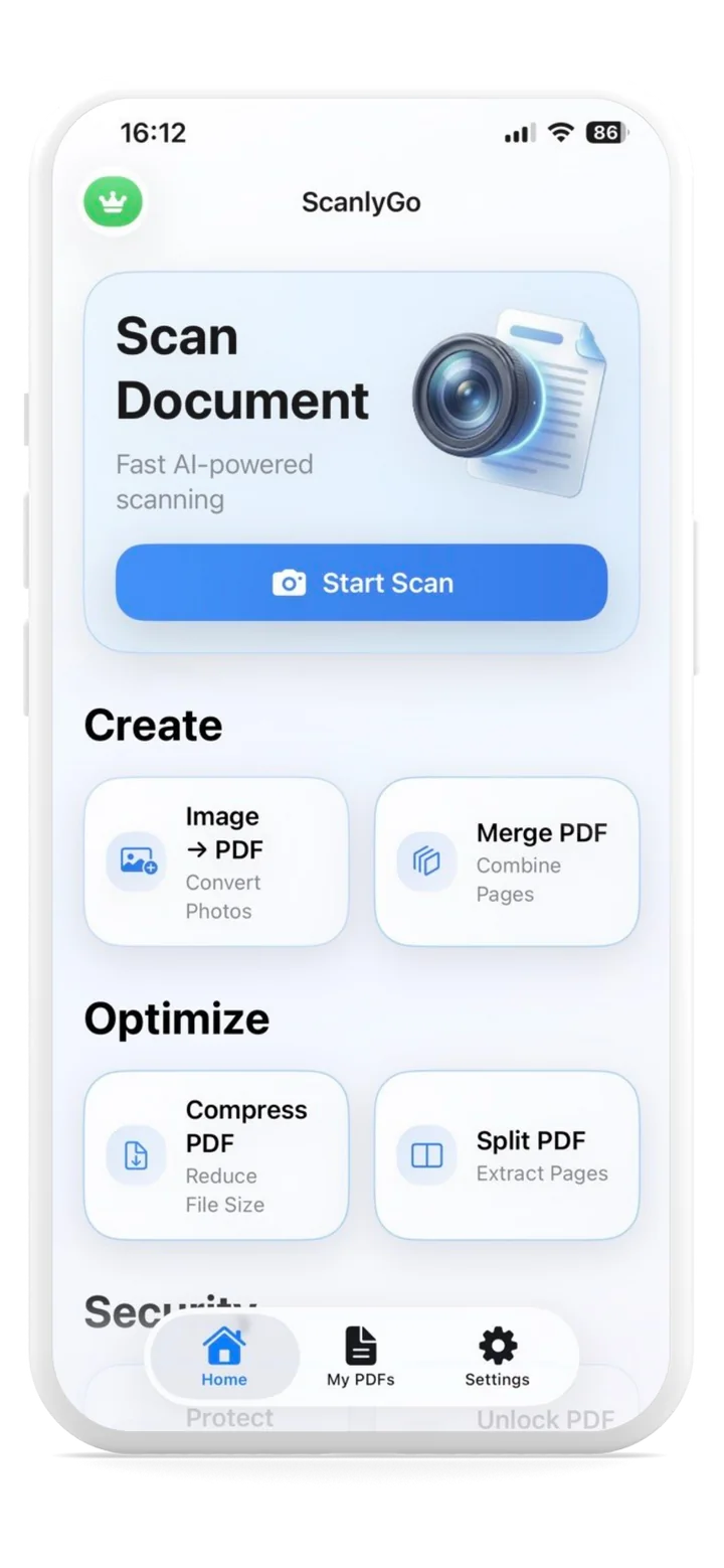 ScanlyGo app shown on an iPhone with document scanning and PDF tools