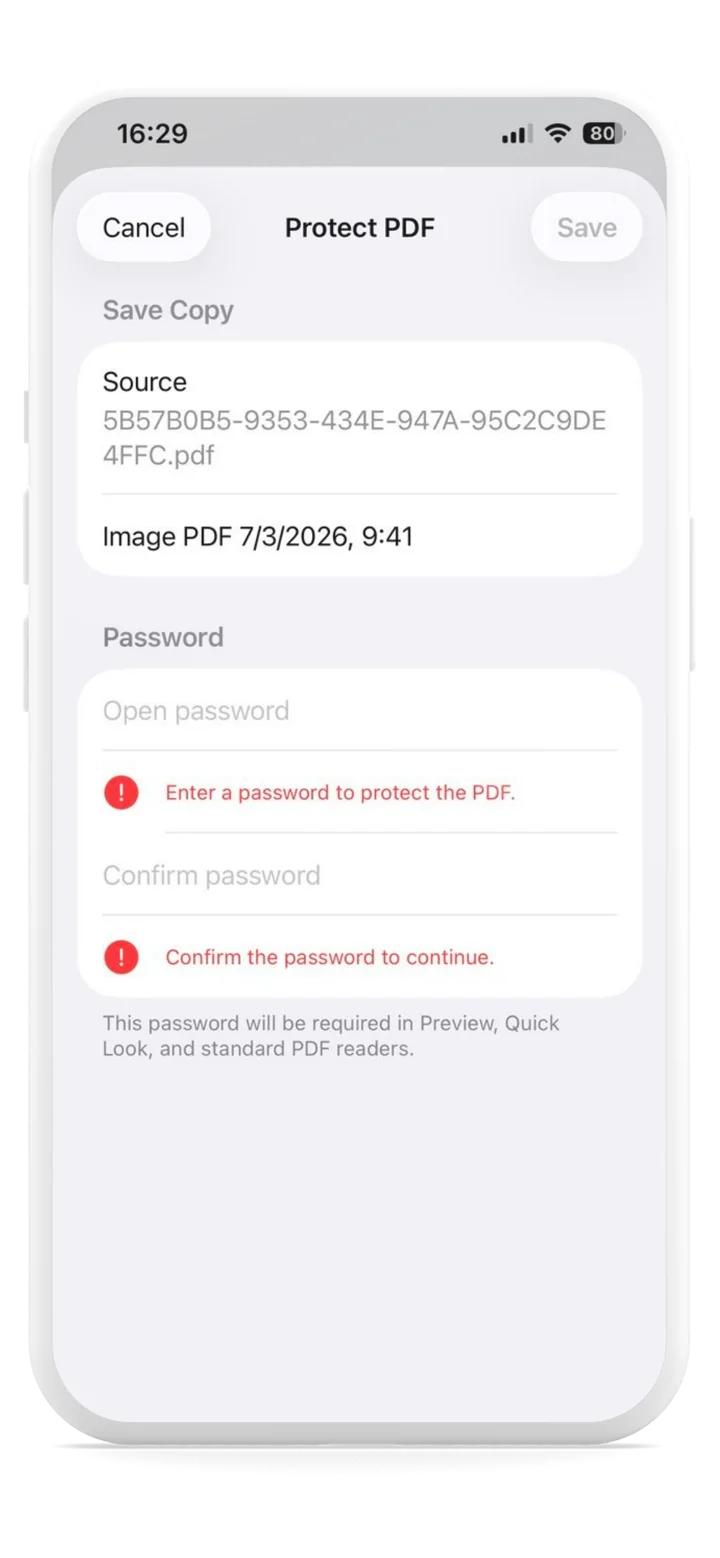 ScanlyGo file protection screen with PDF security options