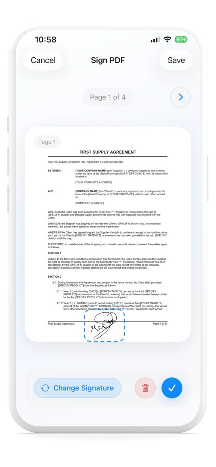 ScanlyGo PDF signing screen with signature placement controls